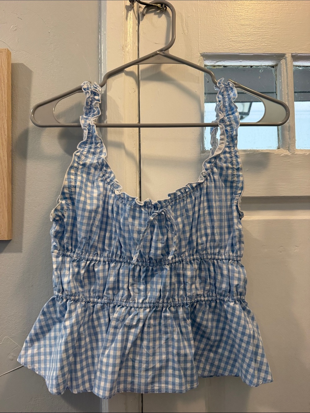 Aritzia Blue Gingham Ruffled Tank Top